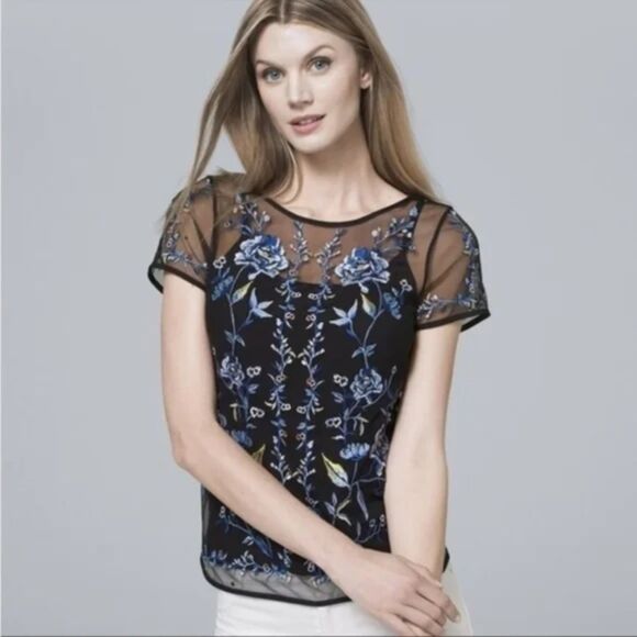 WHBM sheer mesh floral embroidered short sleeve top Blouse Women's Medium - Picture 1 of 10